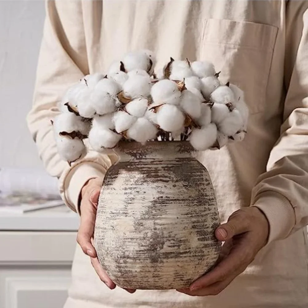 Ceramic Rustic Vase - Whitewashed Terra-Cotta Vase - Farmhouse Pottery Décor